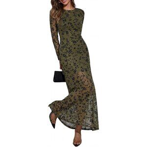 Women's Army Green Floral Mesh Elegant Formal Long Sleeve Cocktail Maxi Dresses